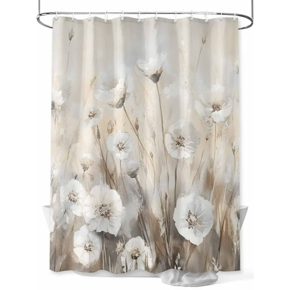 Fsddascl Spring White Floral Shower Curtain Set - 72" x 78" Washable Bathtub Curtain with 12 Hooks, Watercolor Vintage Beige Flowers Waterproof Fabric Stall Shower Curtains for Bathroom/Bathtub