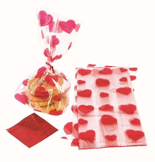 Valentine's Day~ 25 ShapedTreat Bags w Ties Treat Goody Plastic Bags~ Red Hearts 