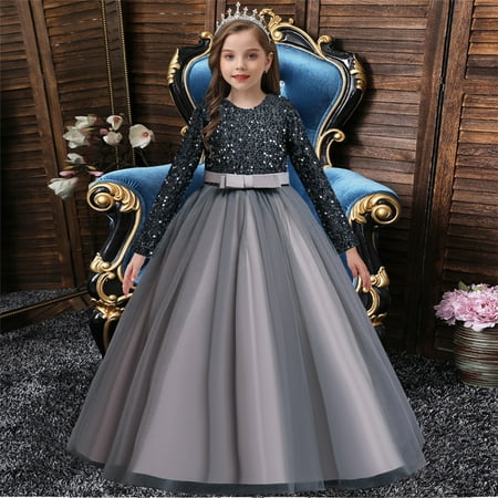 

THE WILD Girls Dresses Elegant A Line Sequin Solid Color V-Neck Long Sleeve Maxi Prom Dress Gray