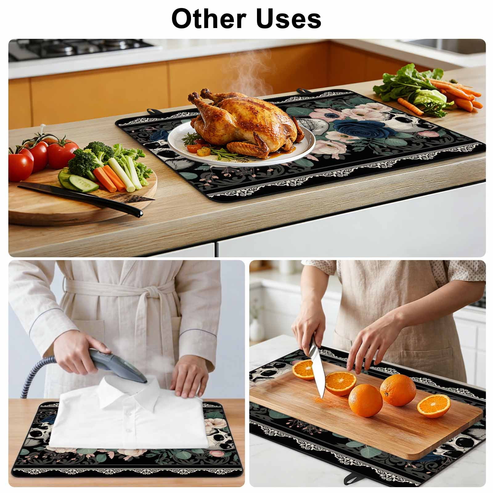 Halloween Stove Top Cover for Electric Stove, Heat-proof & Non Slip Glass Top Stove Cover Protector, Boho Horror Skull Flower Leaf Black Kitchen Flat Cooktop Rubber Mat 24x21 Inches