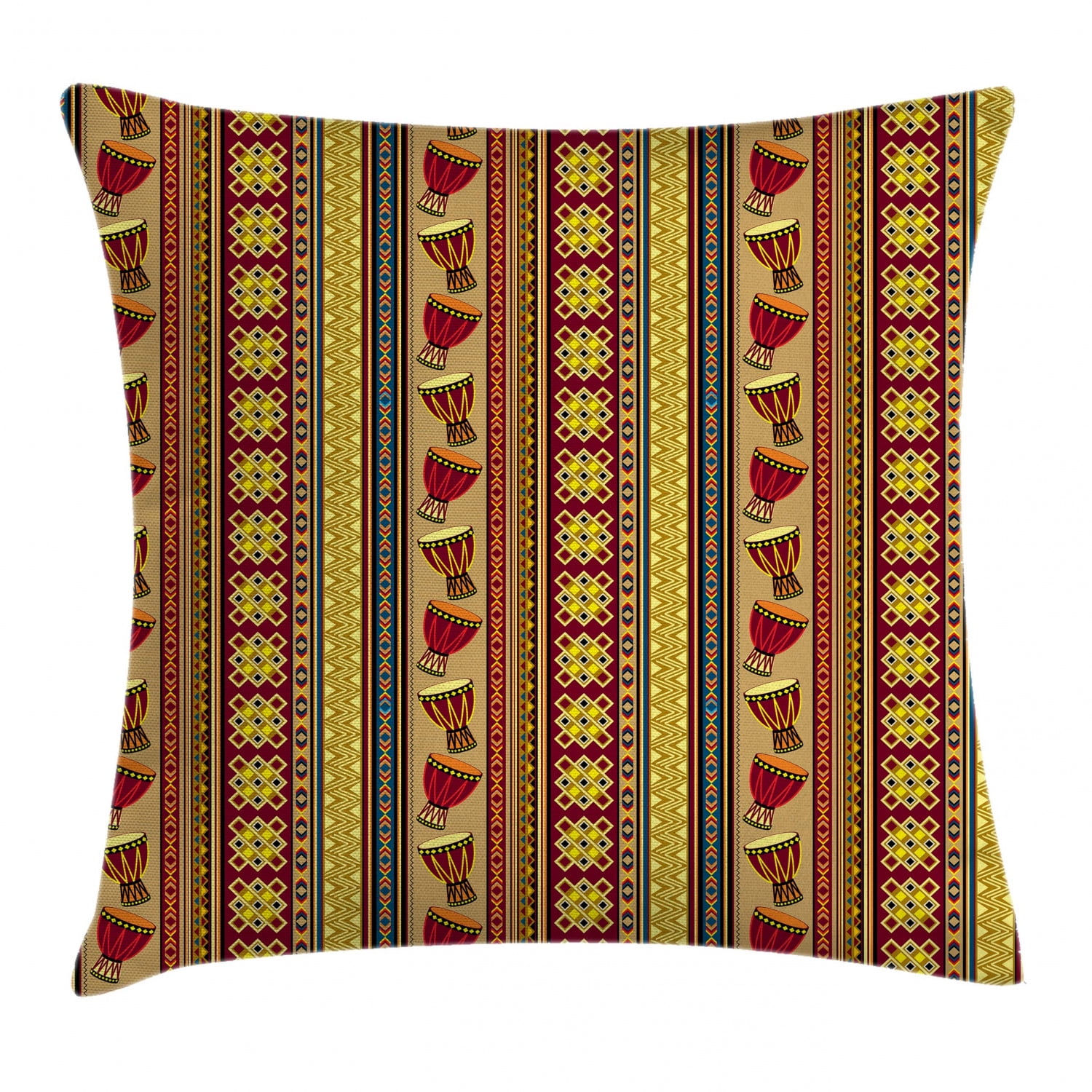 Ethnic Throw Pillow Cushion Cover, African Tribal Pattern with Abstract Folk Figures and Drum