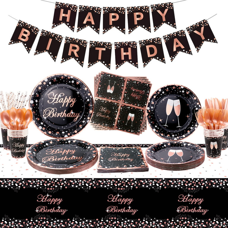 Black and Rose Gold Party Supplies - Rose Gold Birthday Banner, Plates,  Napkins, Cups, Tablecloth, Knives, Fork, Spoon and Straws for Wedding  Bridal Shower Party Decorations, Serves 20 Guests 
