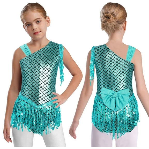 iiniim Kids Girls Modern Jazz Latin Dance Unitard Tassel Tumbling Sequins Gymnastics Leotard Blue Green 4T