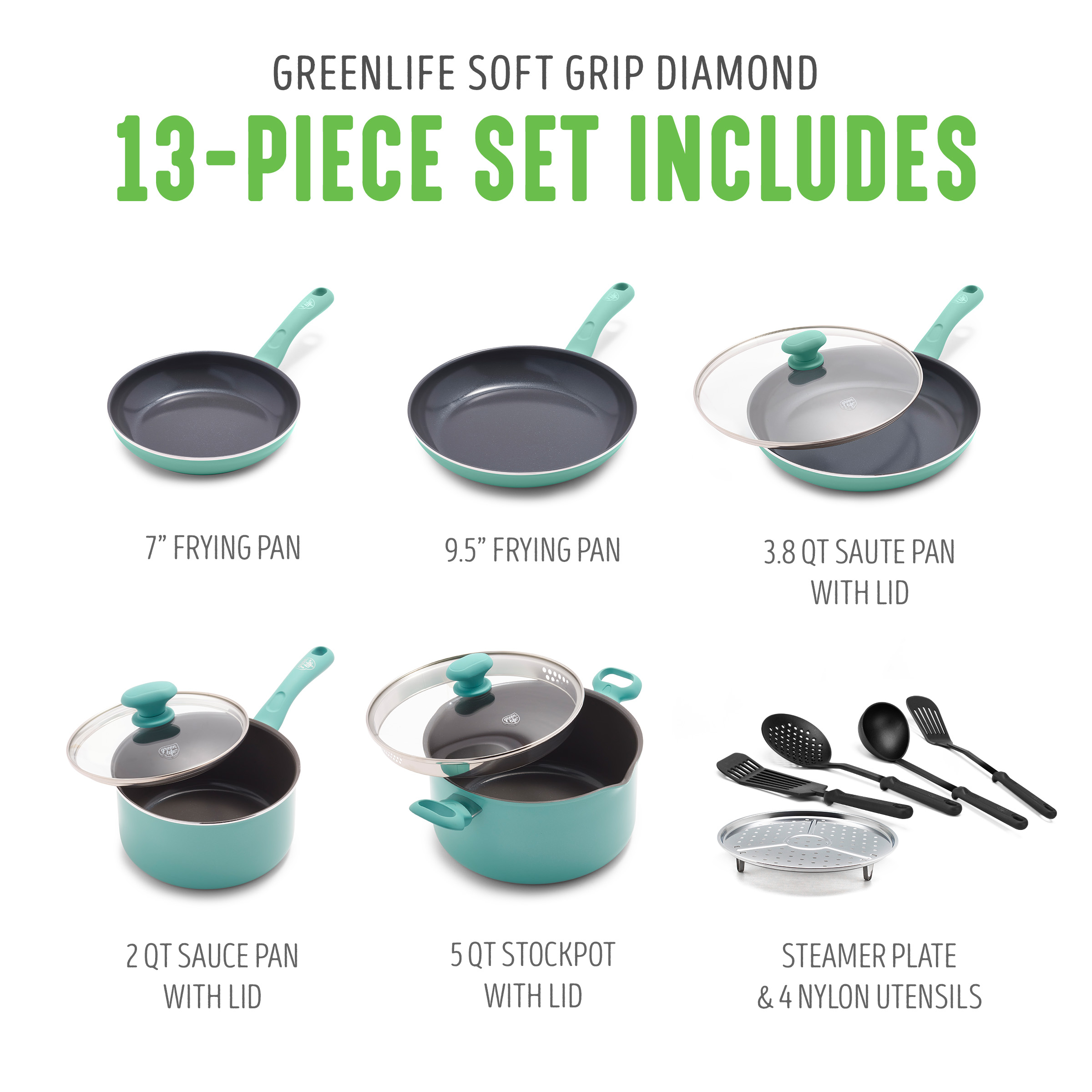 Greenlife Diamond Ceramic Non-stick 13Pc Cookware Set, Turquoise - image 2 of 10