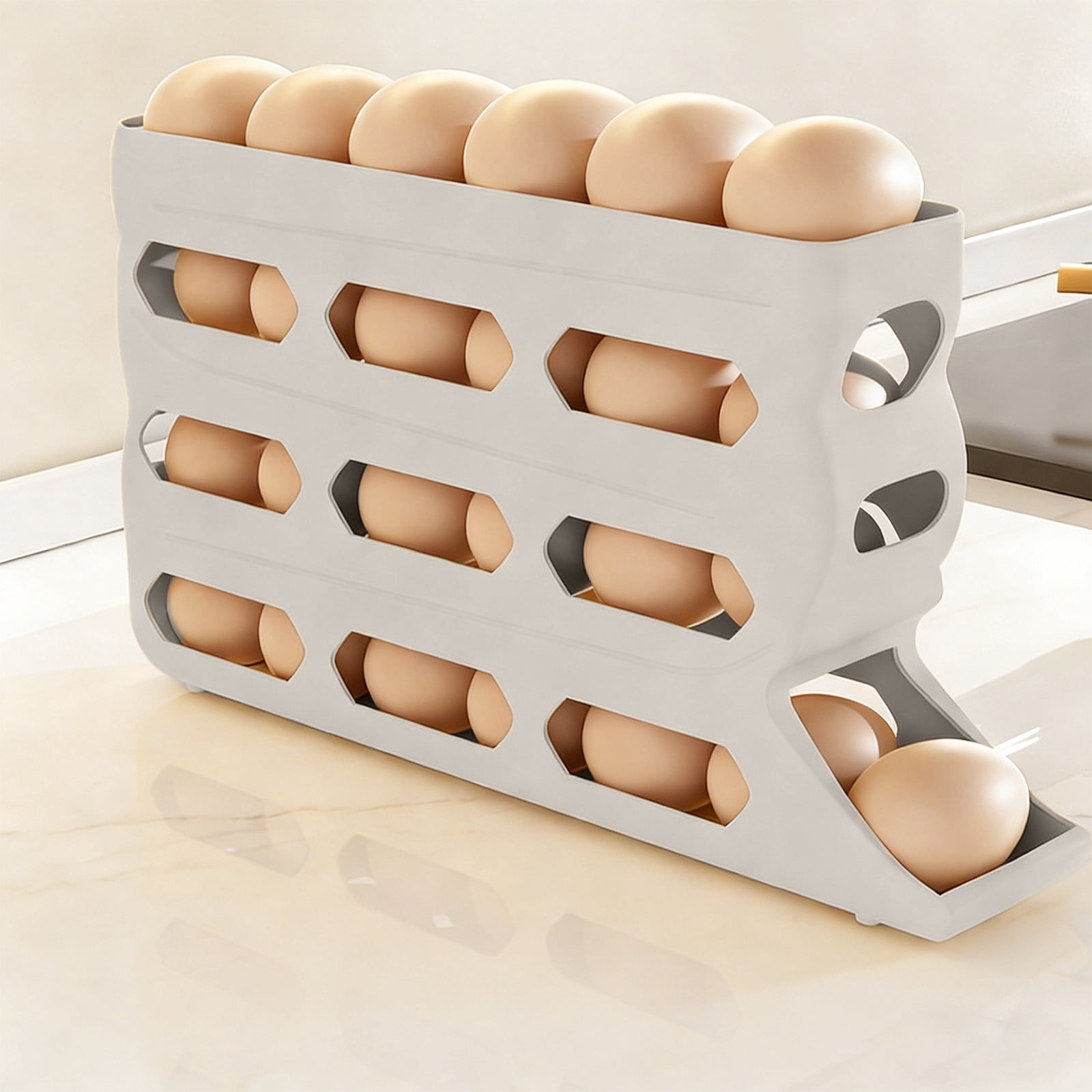Votnto 30-Count Automatic Rolling Egg Dispenser, 4-Tier Refrigerator Egg Holder Organizer (White/Khaki/Gray)