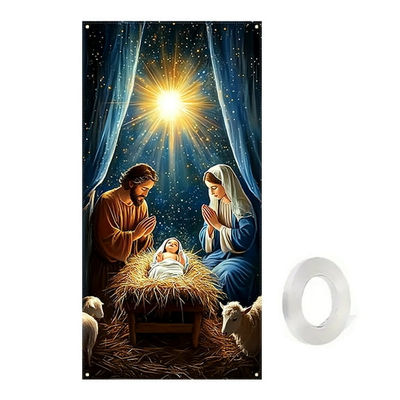 Sulaicai Christmas Door Cover Decorations, Jesus Nativity Scene Christmas Fabric Door Decoration Porch Sign Front Door Banner Winter Holiday New Year Xmas Office Home Party Supplies