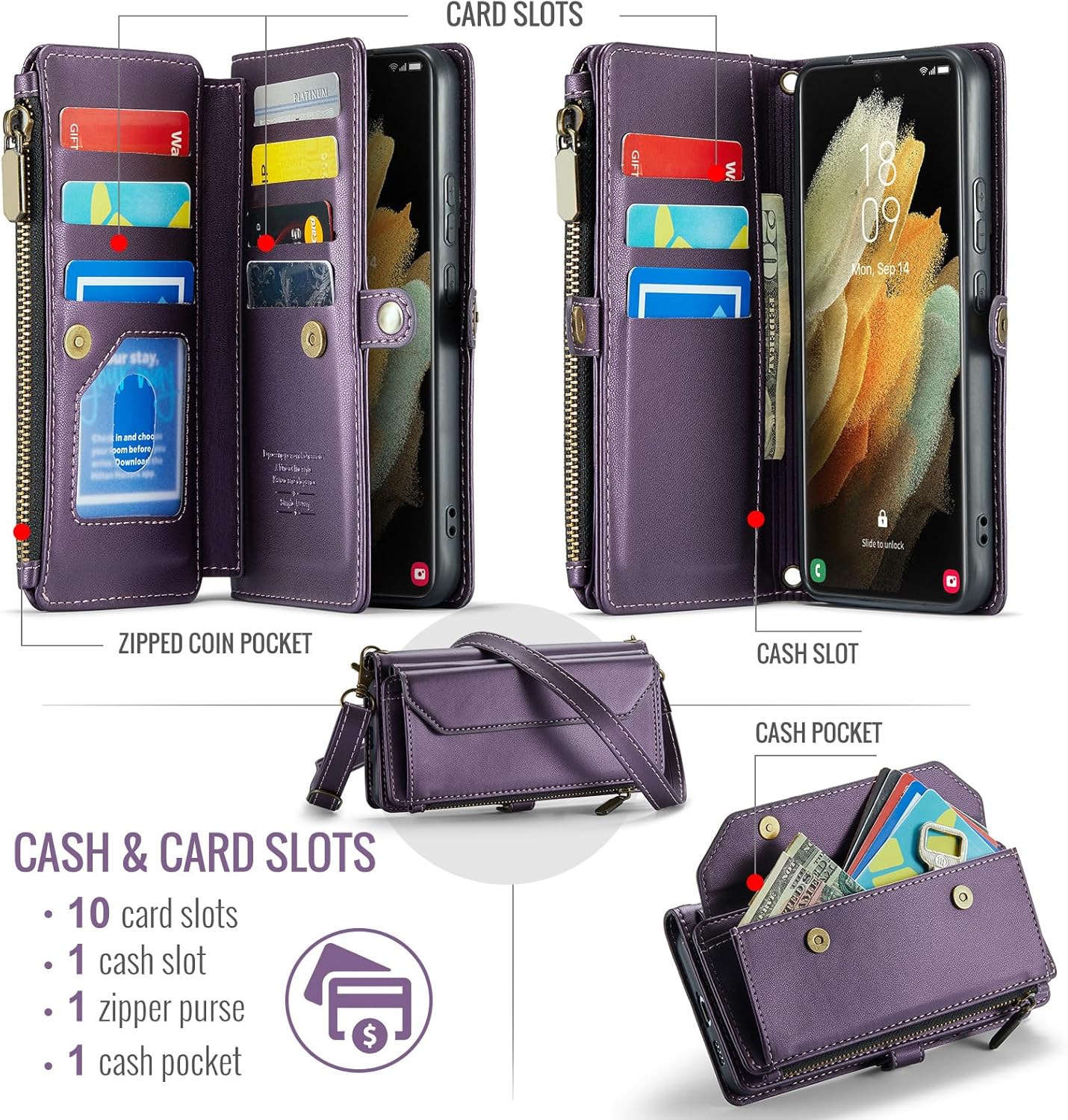 Phone Case for Samsung Galaxy S21 Ultra 5G Zipper Wallet Cover with Tempered Glass Screen Protector and Flip RFID Blocking Cash Card Holder Cell S21ultra 21S S 21 21ultra G5 Women Girls Purple