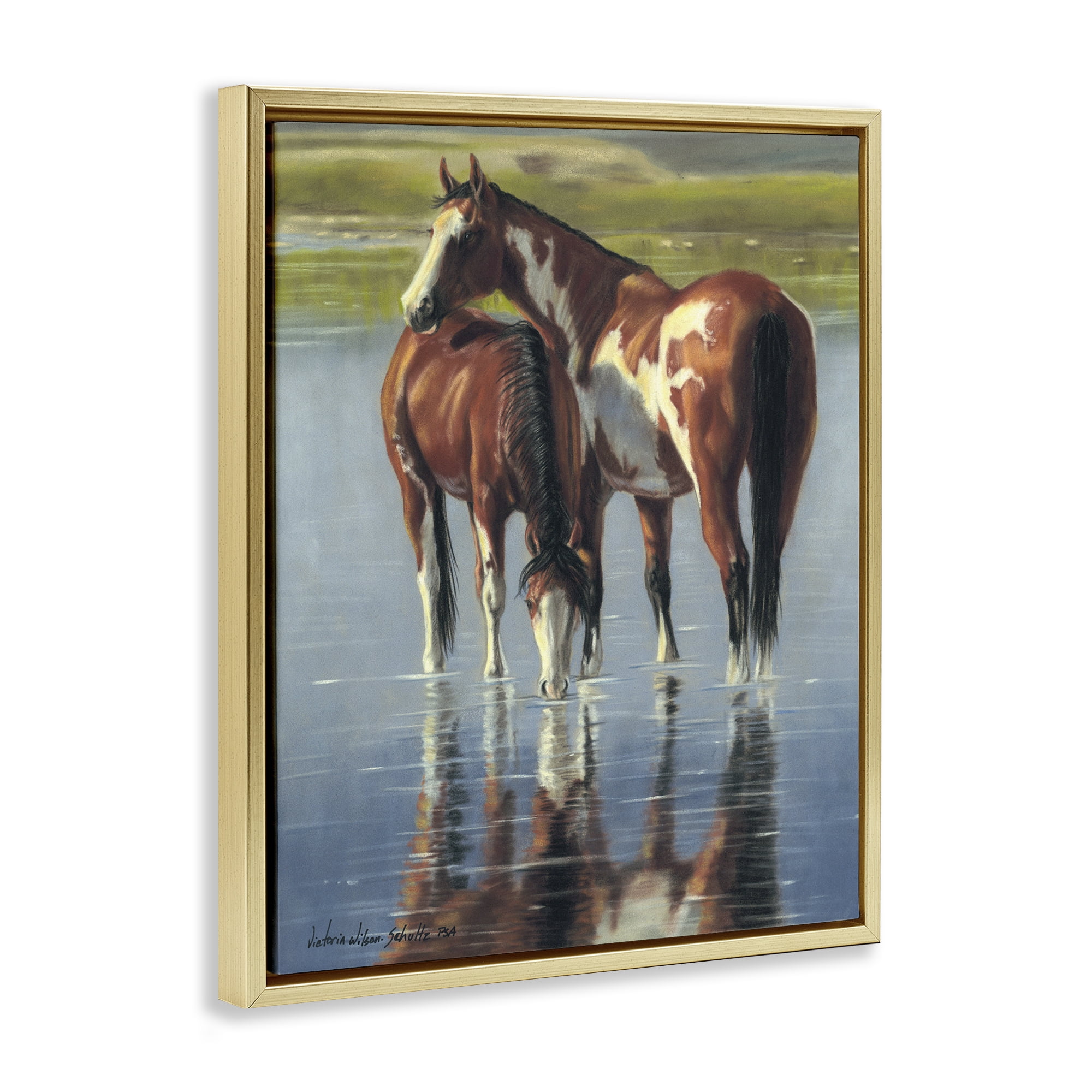 Stupell Industries Horse & Foal Splashing Animals & Insects Painting Gold Floater Framed Canvas Art Print Wall Art, 17 x 21