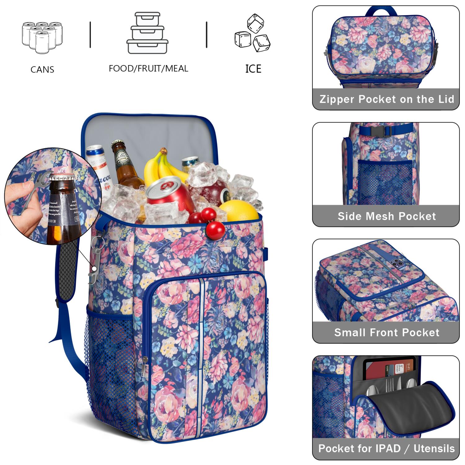 Travel Cooler Bag - Pioneer Flower Camping Beer Cooler Backpack with Bottle Opener- Waterproof Insulated Picnic Backpacks - Cooler Bag for Beach