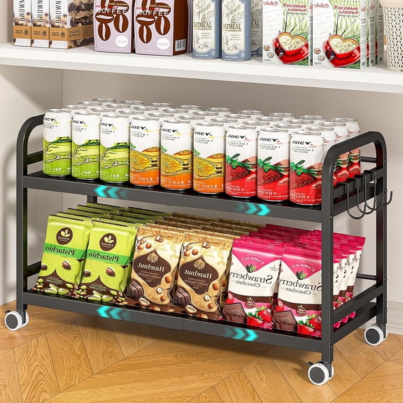 2-Tier Expandable Rolling Cart, Pantry Storage Cart with Wheels, Adjustable Rolling Pantry Floor Organizer, Metal Under Desk Cart, Can Storage & Snack Organizer for Kitchen Pantry, Black