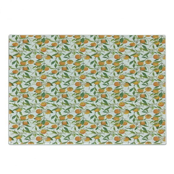 Green and Orange Cutting Board, Orange Branches with Flowers and Leaf Pattern Exotic Fruits, Decorative Tempered Glass Cutting and Serving Board, Small Size, Fern Green Orange Yellow, by Ambesonne