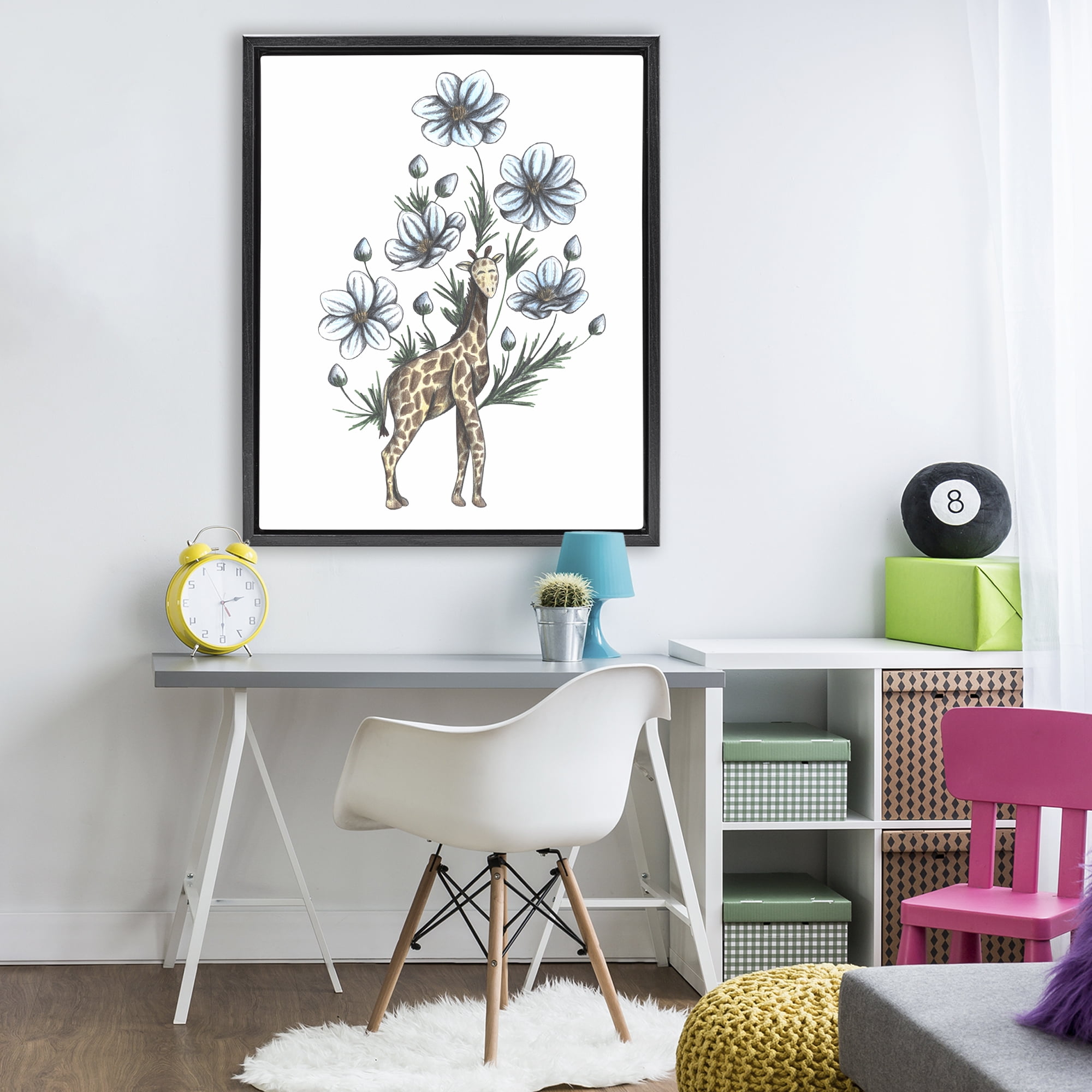 Giraffe with Flower Blossoms Black Framed Floater Canvas Wall Art, design by Cecilia Battaini
