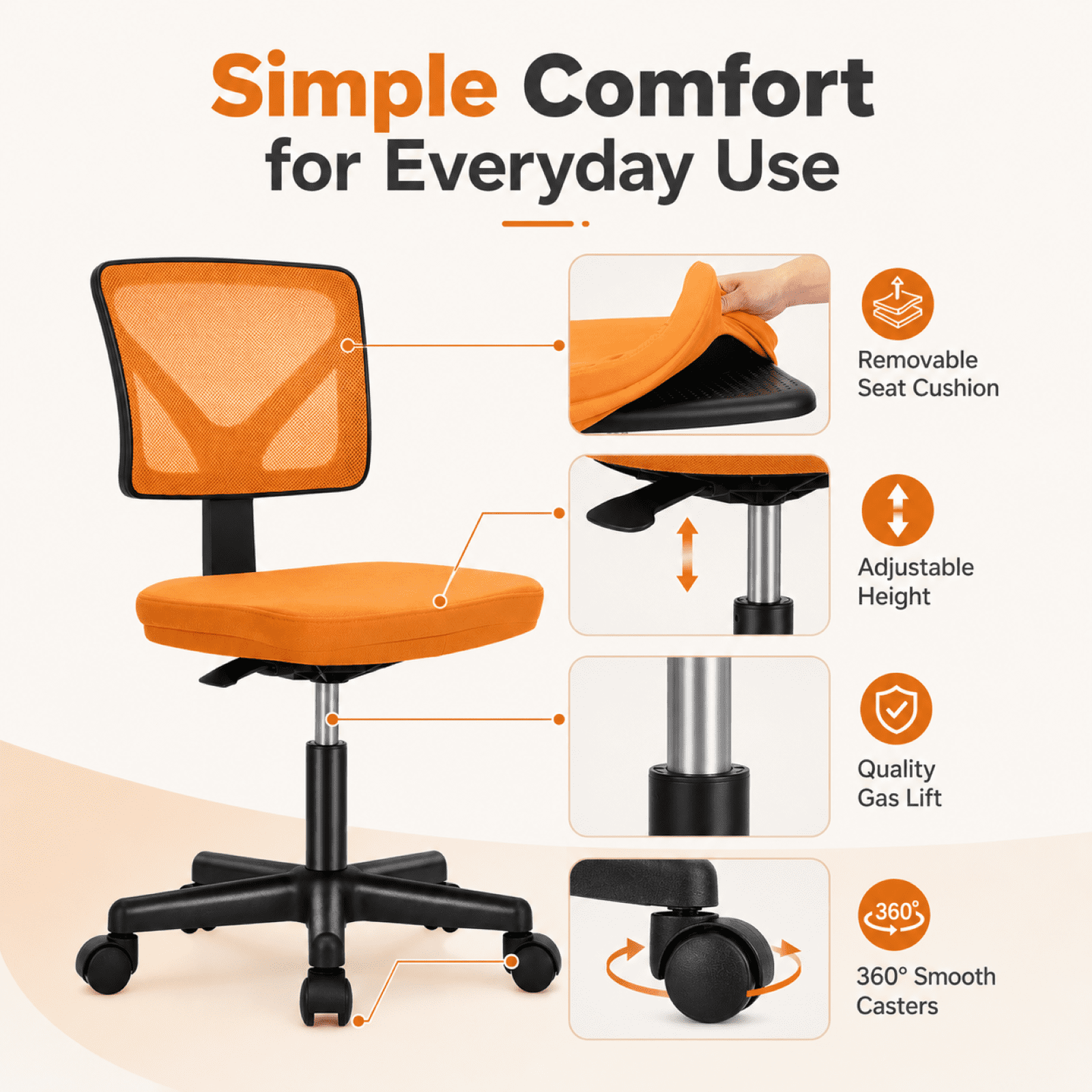 Kelno Small Desk Chair with Wheels Adjustable Computer Desk Chair with Lumbar Support Mesh Ergonomic Low-Back Office Chair, Orange