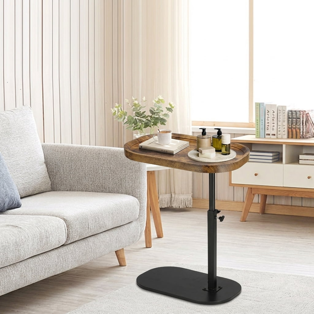 Liyufly C-Shaped End Table, 360° Rotating Adjustable Height Couch Side Tables for Sofa / Bed / Bathtub, Brown-Concave