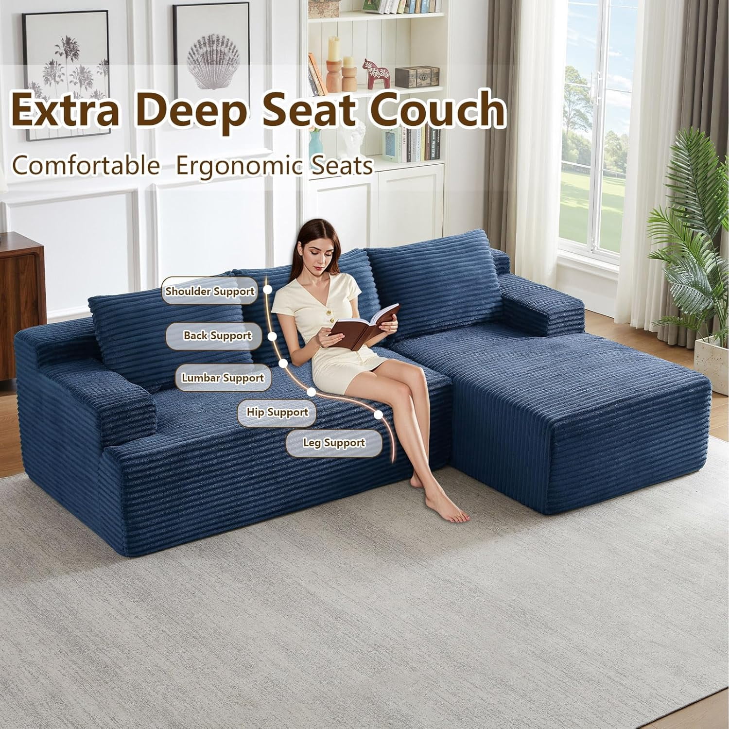 96" Boneless Cloud Couch with Chaise, Modular Sectional Sofa for Living Room, No Assembly Required, Deep Seat Corduroy Couch, Blue
