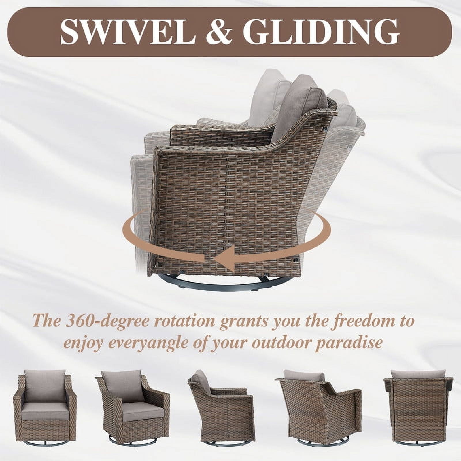 PARKWELL 5 Pieces Outdoor Patio Furniture Set 7-Seat High Back Wicker Conversation Set with Swivel Glider Chairs and Ottomans for Balcony Yard,Brown Wicker Gray Cushion