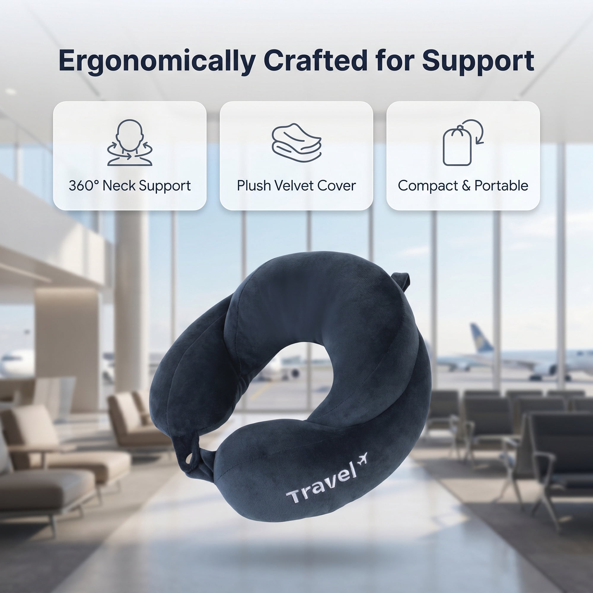 Unique Bargains PP Cotton Travel U Shape Neck Pillow for Airplane Navy Blue 11"x11"