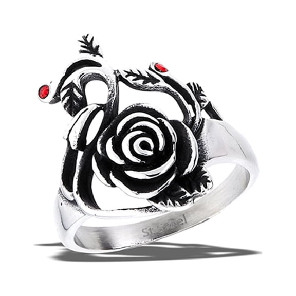 Simulated Garnet Rose Vine Ring High Polished Stainless Steel Band Red CZ Jewelry Female Size 7