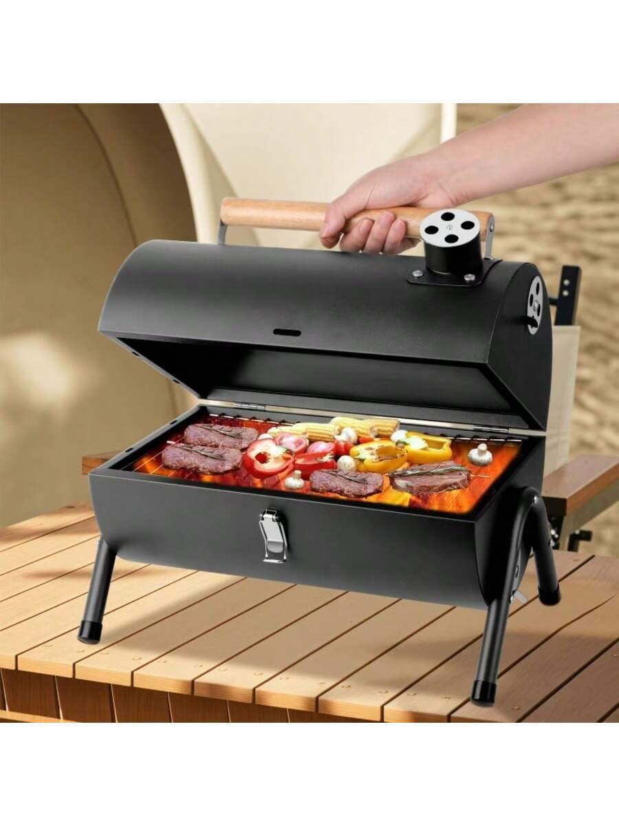 Portable Charcoal Grill and Compact Barrel Smoker, Foldable Double-Sided BBQ Grill for Camping and Tailgating, Stainless Steel with Wood Handle, Black