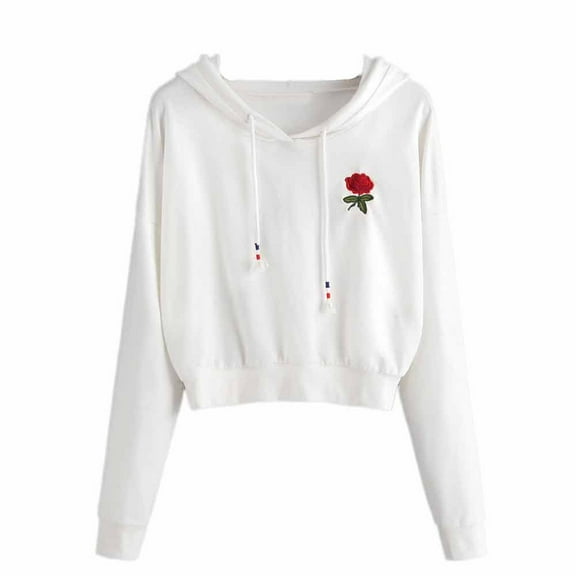 Fesfesfes Women Hooded Rose Embroidered Hoodie Sweatshirt Jumper Crop Pullover Top Plus Size $10