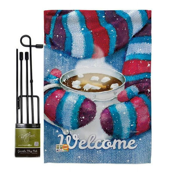 Breeze Decor BD-WT-GS-114217-IP-BO-D-US18-BT 13 x 18.5 in. Mittens & Cocoa Winter Wonderland Impressions Decorative Vertical Double Sided Garden Flag Set with Banner Pole