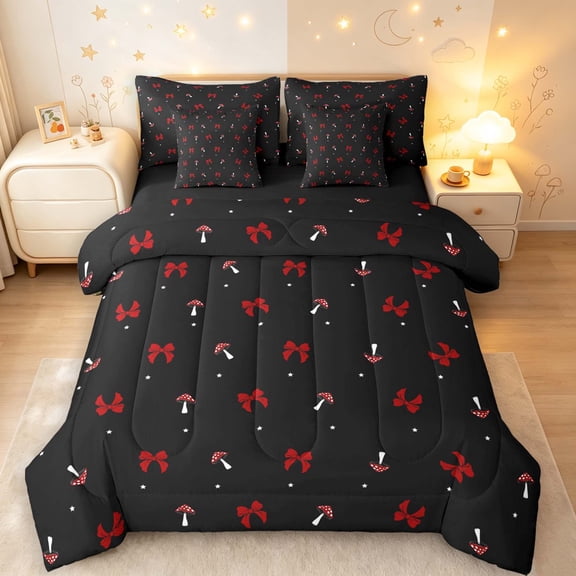 Homewish Cartoon Plant Mushrooms 7-Piece Twin Bedding,Cute Bowtie Bedding Comforter Set,Red Black,Black Reversible