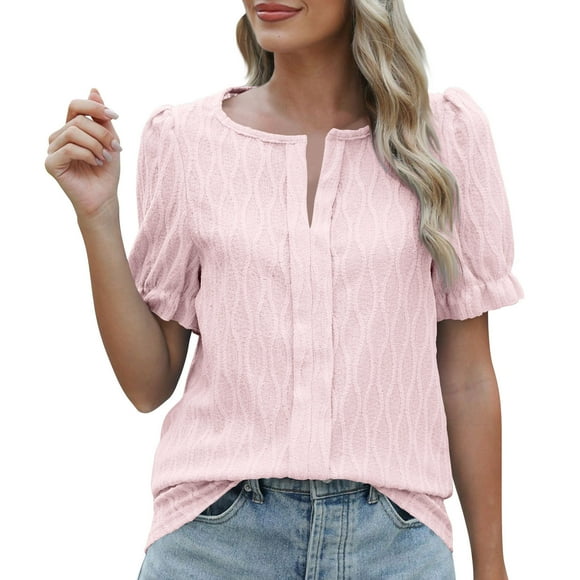 Timegard Womens Tops Ruffle Puff Short Sleeve V Neck Lightweight Solid Color Casual Loose Top Blouse