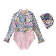 thumbnail image 2 of Baby Toddler Girls One-Piece Swimsuit Long Sleeve Floral Print Bathing Suit with Swimming Hat Sun Protection Swimwear 1-7T, 2 of 4