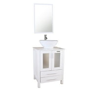 Eclife 24" Classical Bathroom Vanity Vessel Sink Set with Chrome Faucet and Mirror MDF White Vanity and White Ceramic Round Sink & Solid Brass Pop Up Drain Combo