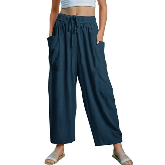 UQJfacai Girls Pants Kids Summer Casual Wide Leg Baggy Pants Elastic High Waist Drawstring Lounge Trouser with Pockets 5-14 Years