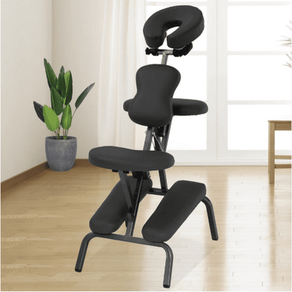 NiamVelo Portable Massage Chair, Black PU Leather & Metal, 18" x 29" x 45"-50", 250 lbs
