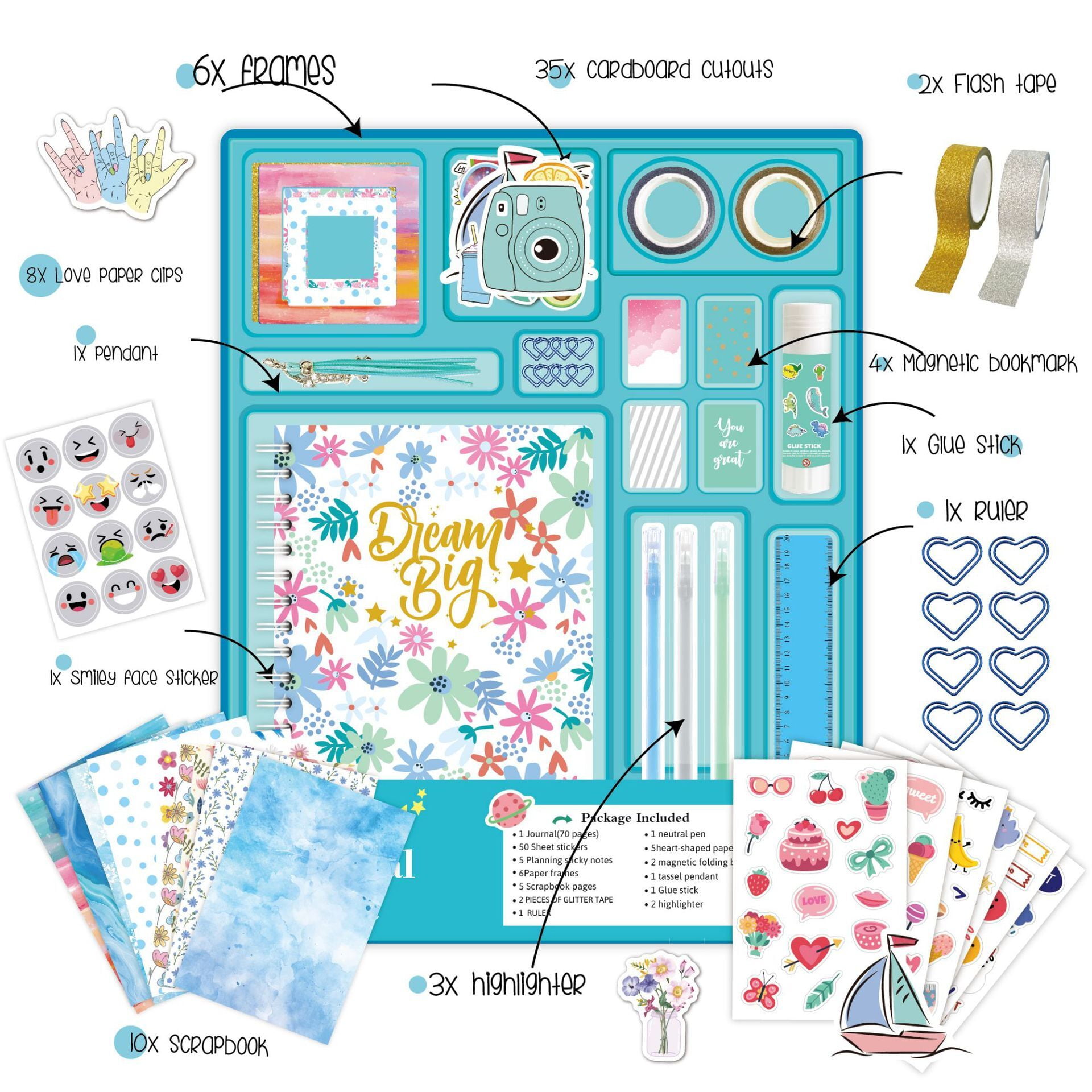 LQQBOX DIY Journal Kit, Gifts for Girls Age of 8 9 10 11 12 13 Years Old, Stationery Set, Scrapbook & Diary Supplies Set, Art Supplies for Teenage Girls, Birthday Gifts Ideas for Girls, Blue