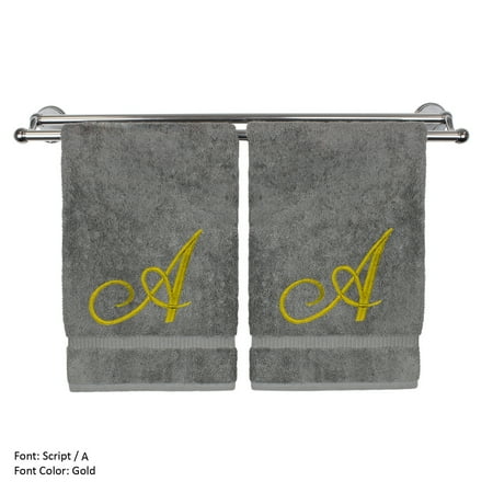 - Monogrammed Hand Towel, Personalized Gift, 16 x 30 Inches - Set of 2 - Gold Embroidered Towel - Extra Absorbent 100% Turkish Cotton - Soft Terry Finish - For Bathroom, Kitchen and Spa - Script A Gray