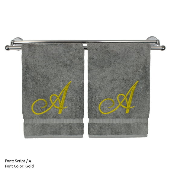 Monogrammed Hand Towel, Personalized Gift, 16 x 30 Inches - Set of 2 - Gold Embroidered Towel - Extra Absorbent 100% Turkish Cotton - Soft Terry Finish - for Bathroom, Kitchen and Spa - Script A Gray