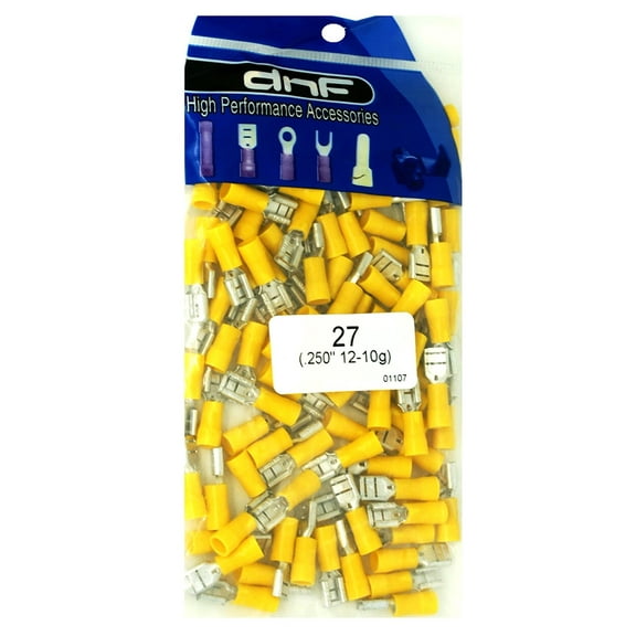 DNF 100 Pack Yellow Vinyl 12-10 Gauge Female Quick Disconnect Wire Connector .250"