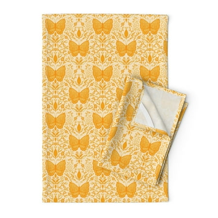 

Printed Tea Towel Linen Cotton Canvas - Monochrome Retro Orange Butterfly Damask Butterflies 1970S Mustard Gold Print Decorative Kitchen Towel by Spoonflower