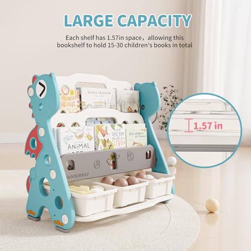UNICOO® Kids Baby Dragon 2 Tier Bookshelf with 3 Toy Storage Bins, Children Bookshelf & Toy Organizer (Green)
