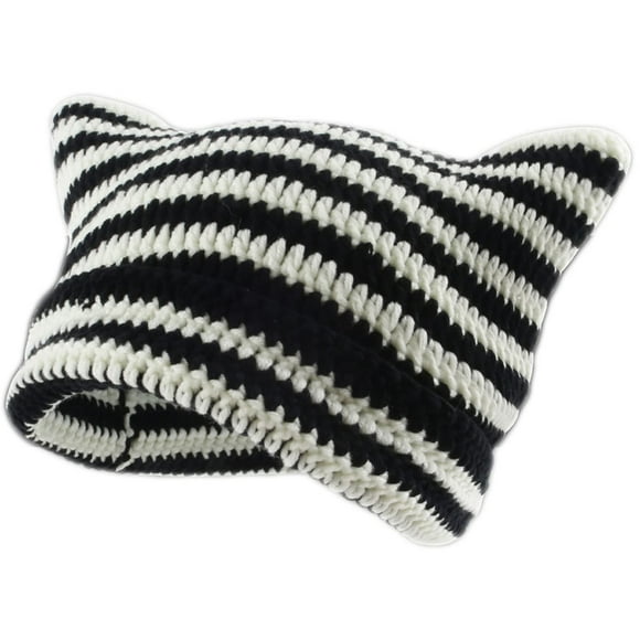 Cat Beanie Crochet Hats with Ears Knitted Striped Winter Warm Elastic Cap, Black and White