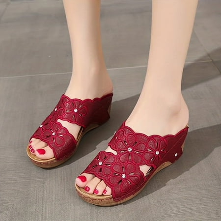 

NAYUKA Floral Embroidered Wedge Slides Peep Toe Cut-out Slip On Slide Sandals Casual Outdoor Slide Shoes