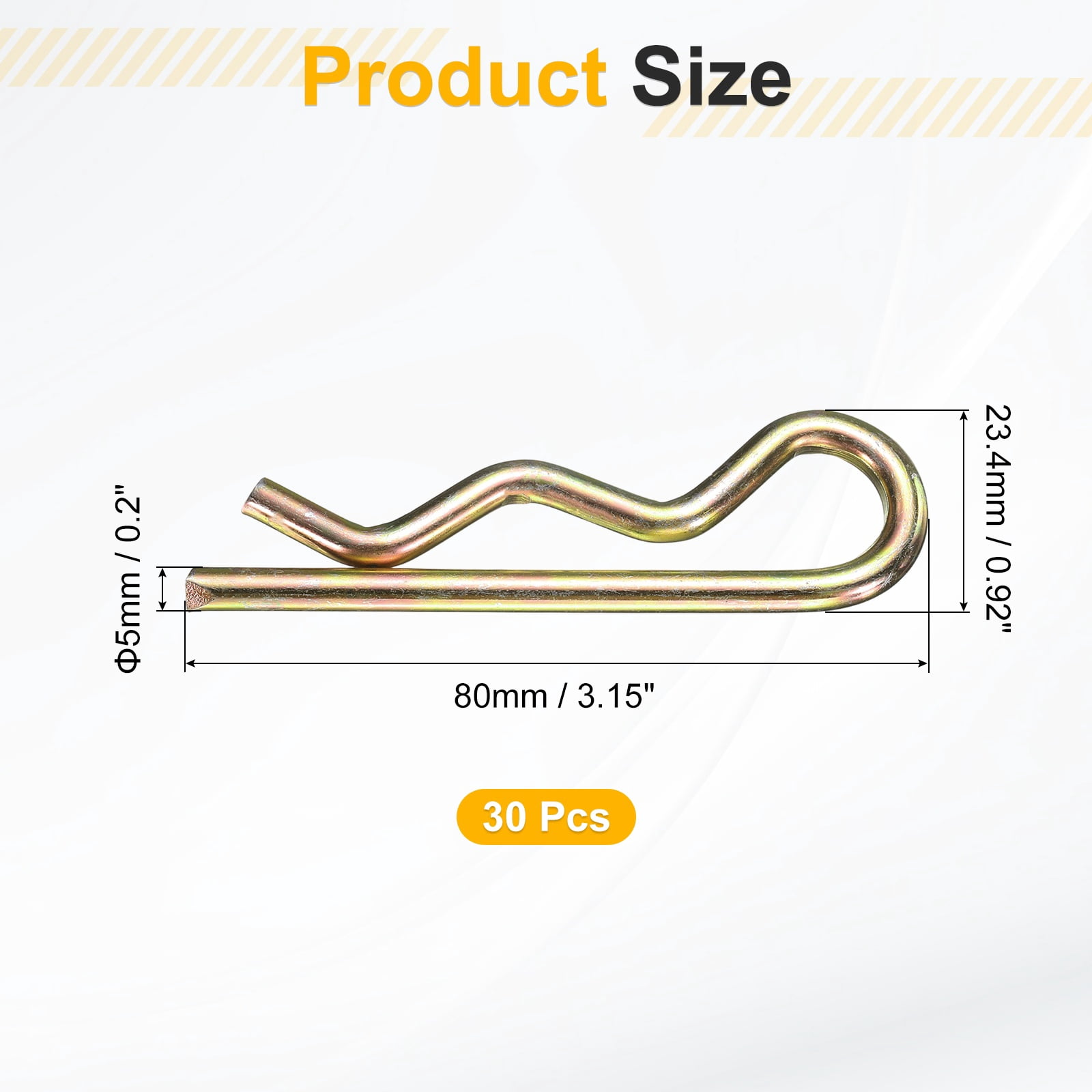 30Pack Hitch Pin Clip, 5x80mm Zinc-Plated Spring Steel Retaining R Clip, Gold