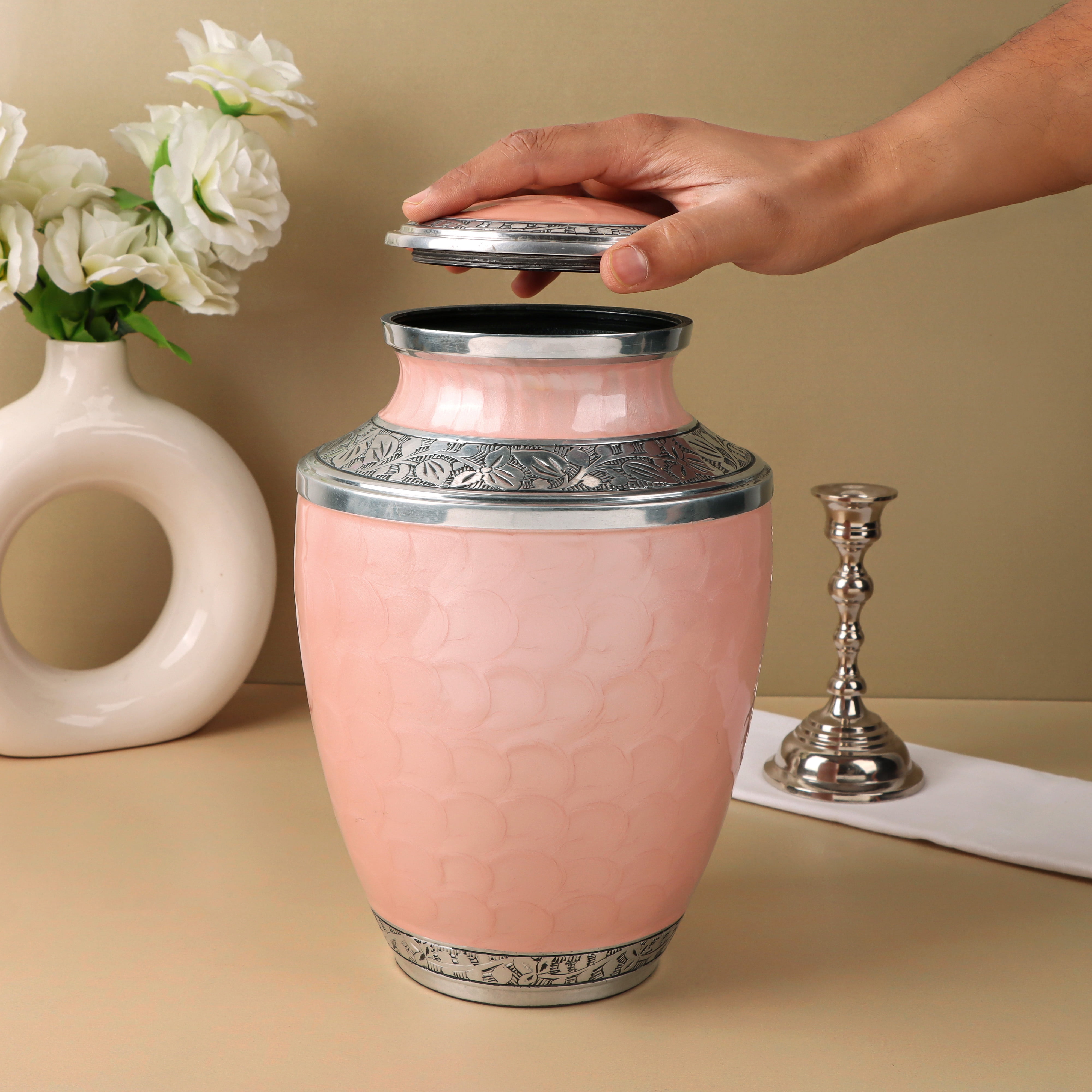 Aluminum Handcrafted Urn - Elegant Keepsake Holder for Adult Human Ashes (Powder Pink & Silver)