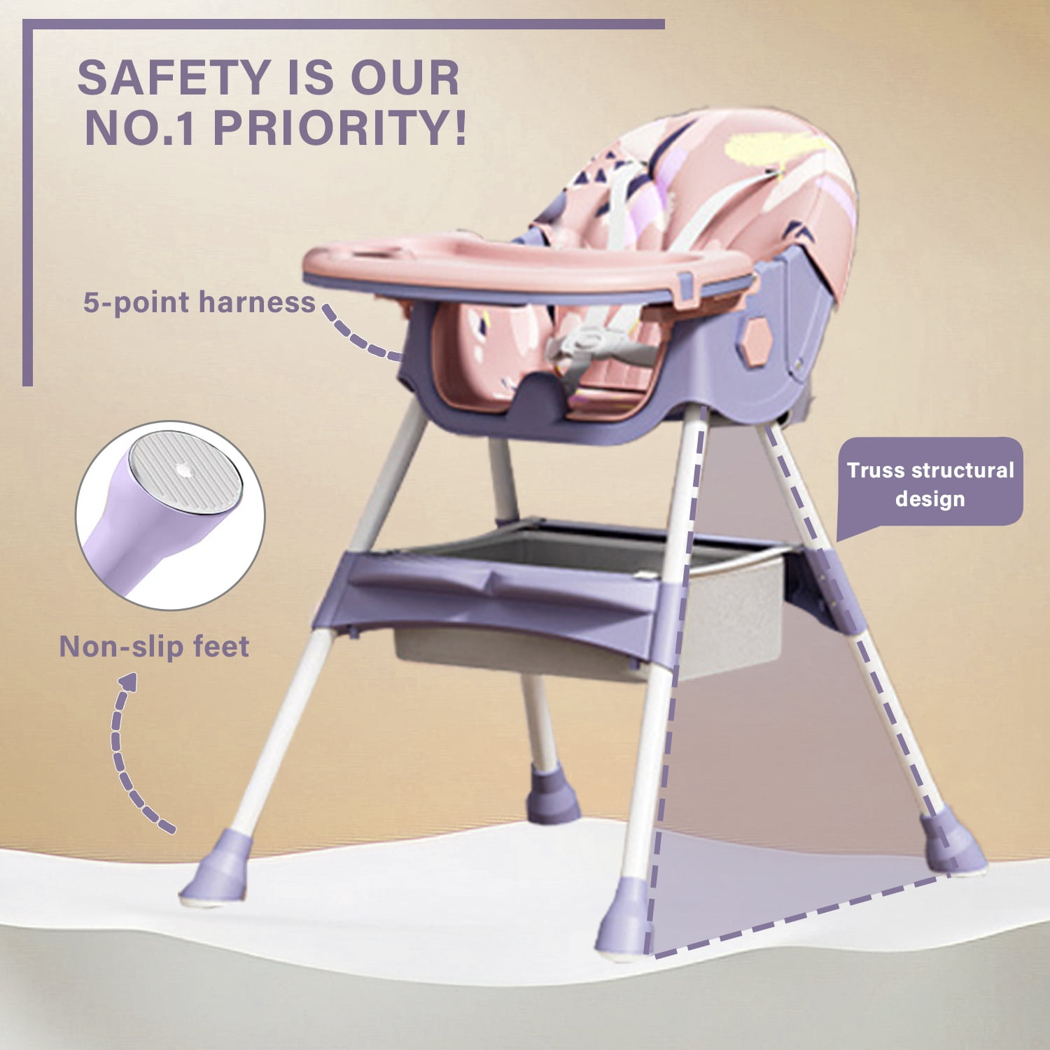 XunKA 4-in-1 Baby High Chair, Portable Dining Chairs Eat & Play with Double-Layer Dinner Plate and Toy Rack,for Months Infants and Toddlers,Purple.