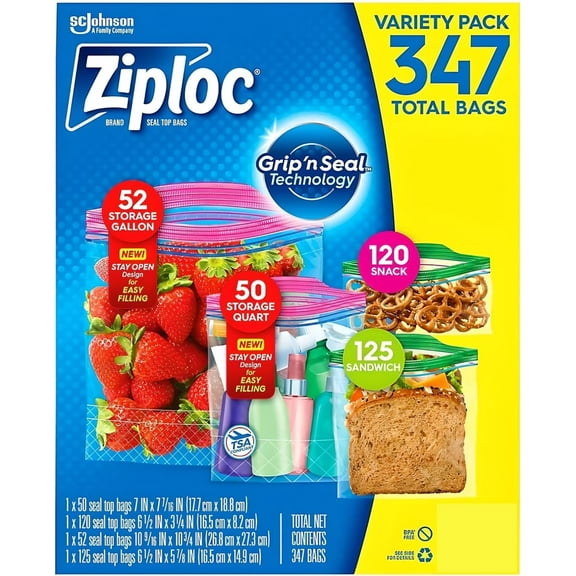 Variety Bag Assortment - 347 Seal-Top Storage, Sandwich, and Snack Bags Bundled with 5  Resealeable Lock Zipper Bags