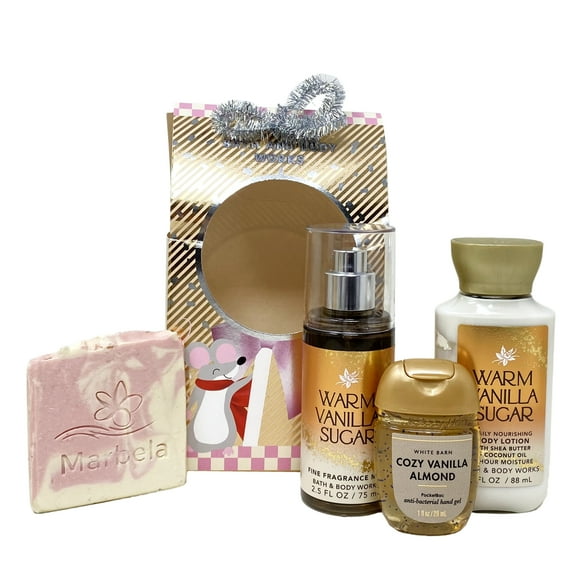Bath & Body Works Warm Vanilla Sugar Warmest Wishes Mini Gift Bag Trio Bundle - Fragrance Mist - Body Lotion and Hand Gel - with a Marbela Himalayan Salts Springs Sample Soap - Travel Size