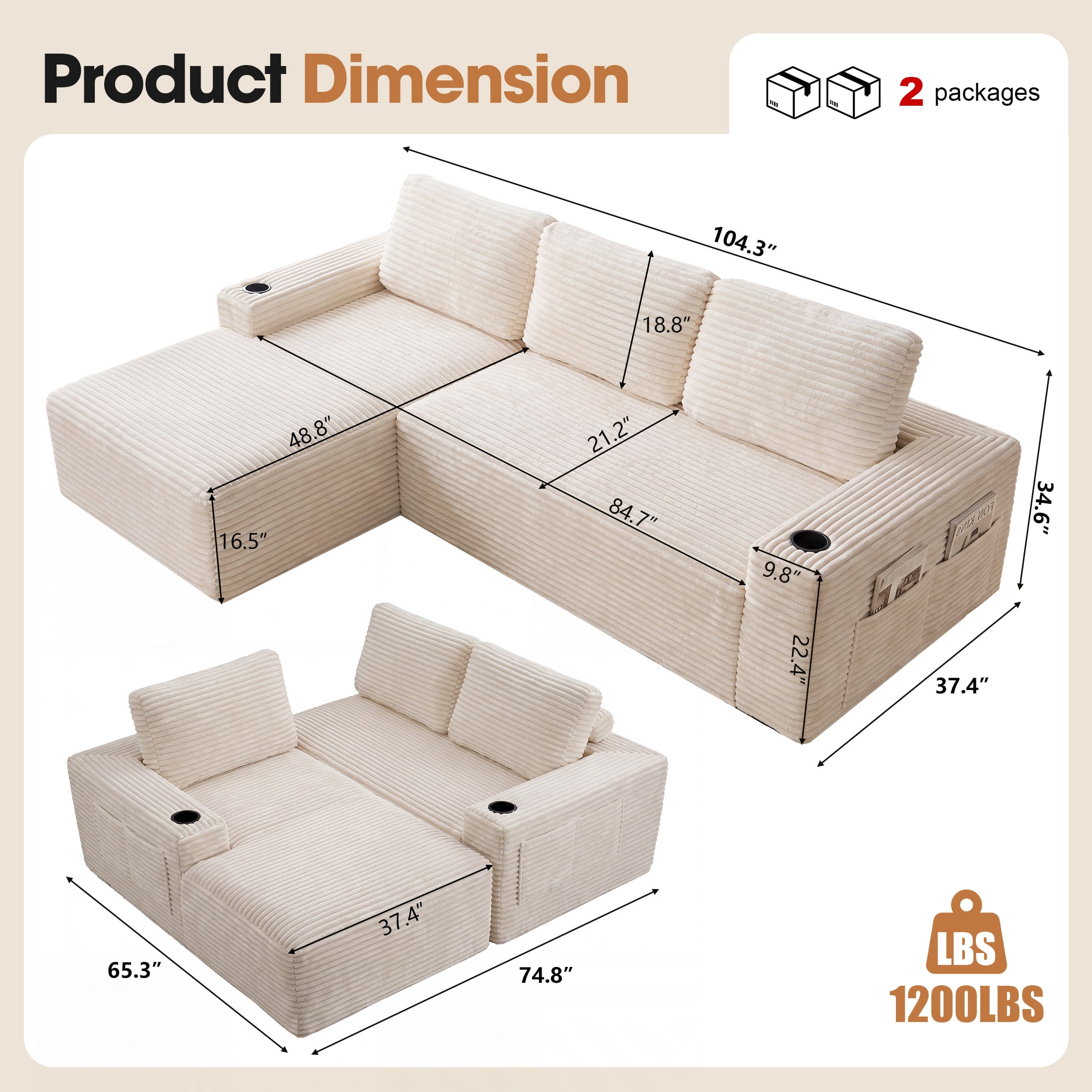 Aenkyo 104 Inch Corduroy L-Shaped Cloud Sectional Sofa with Left Facing Chaise and Cup Holders, Gream
