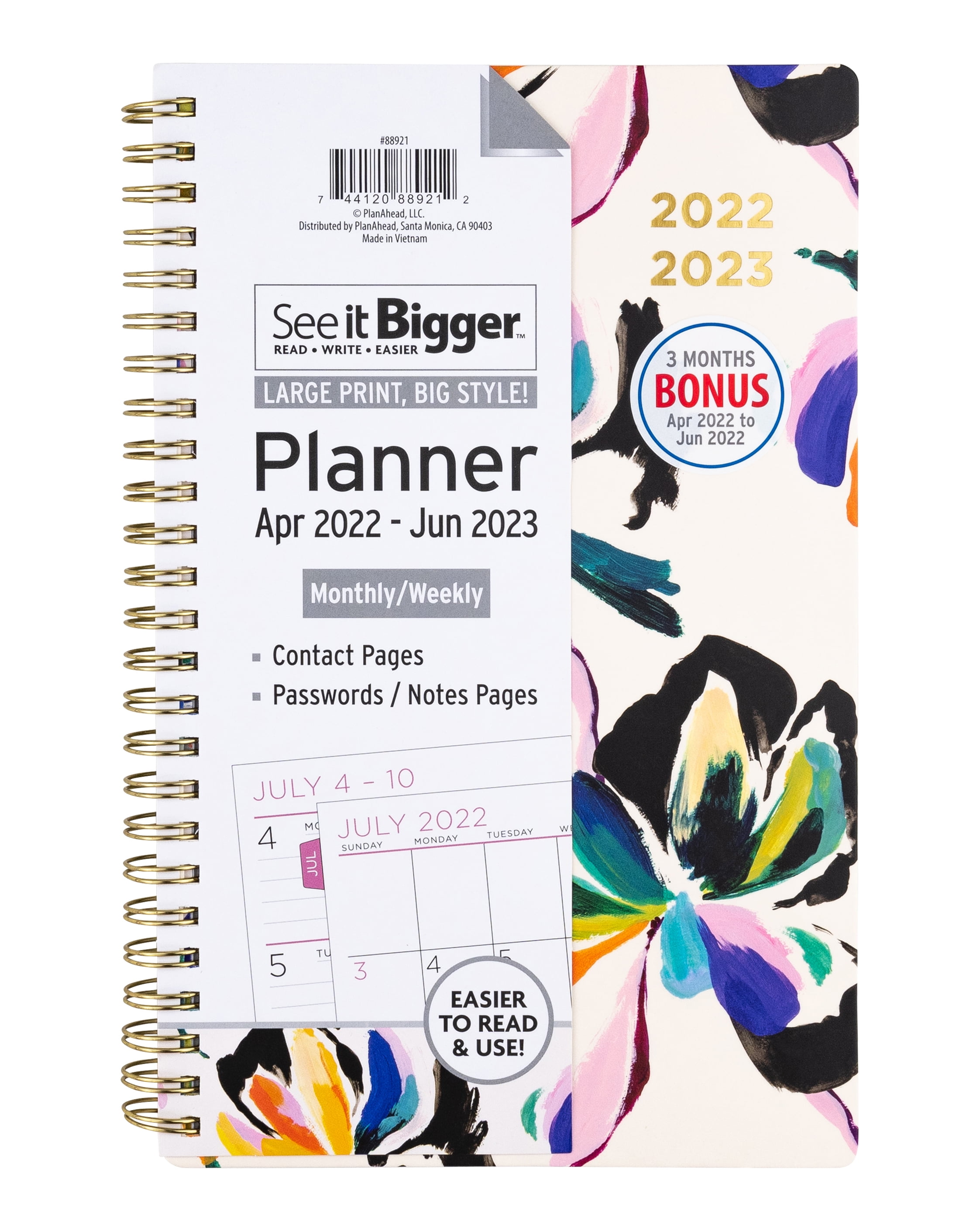 See it Bigger Monthly/Weekly Planner, April 2022 - June 2023, 5.75" x 8.75" Floral