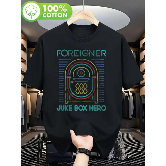 Men's Foreigner Juke Box Hero Graphic T-Shirt - 100% Cotton Soft Retro Punk Rock Band Tee with Vintage Horror TV Poster Design,