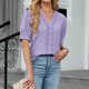 thumbnail image 4 of Eres Más Que una Camisa de Puntuación de Prueba Boho Top Manga Corta Cuello Redondo Blusa Suelta, Detalle de Encaje Color Sólido Desgaste de Verano Casual, Mezcla de Poliéster Spandex, 4 of 9