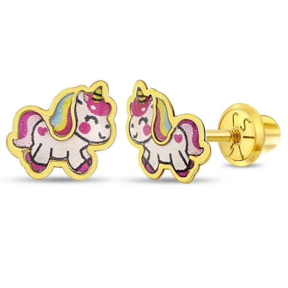 14k Yellow Gold Colorful Unicorn Screw Back Earrings for Young Girls & Preteen