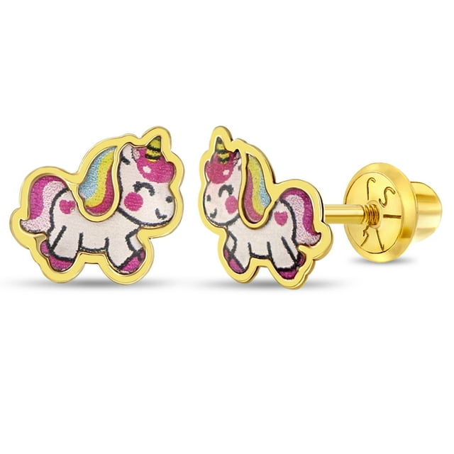 Boucles d'Oreilles à Vis Unicorn Colorées en Or Jaune 14k pour Jeunes Filles et Préadolescentes